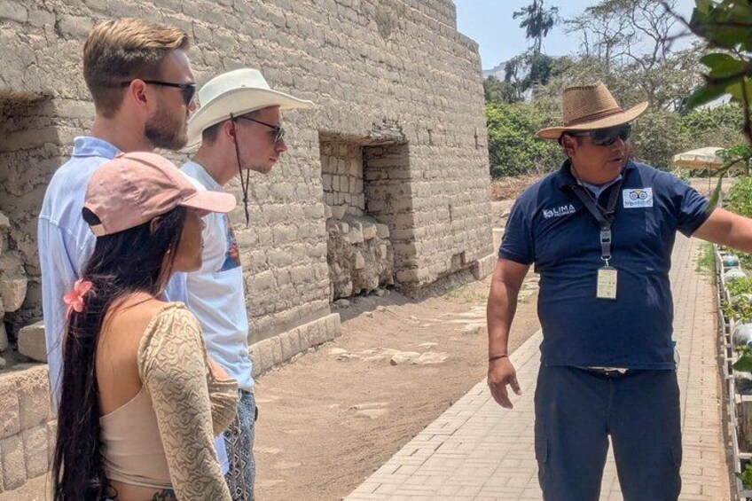 Un grupo de personas se encuentra cerca de una antigua estructura de piedra, posiblemente ruinas, con un guía que dirige el grupo. 3