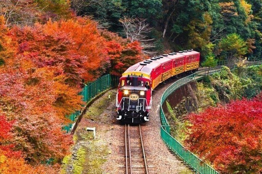 A red train on a curved track surrounded by autumn foliage. 5