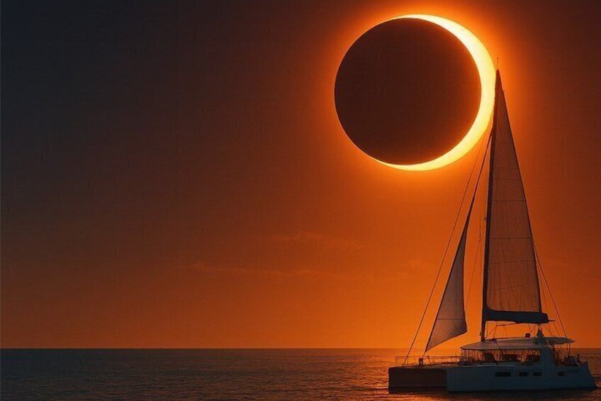 Een zeilboot op het water, met een grote zon gedeeltelijk verborgen achter de horizon. 1