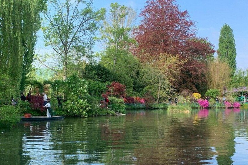 A serene pond with a person rowing a boat, surrounded by lush greenery and trees. 5