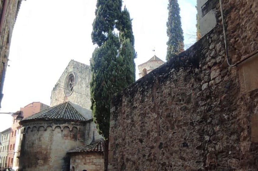 A stone wall, a church with a bell tower, and a tall tree. 2