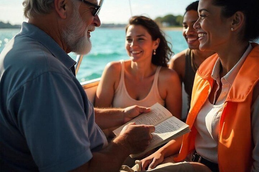 A group of people on a boat, one person holding a map, and a body of water in the background. 3