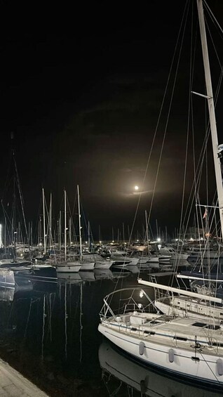 A marina at night with boats docked and a full moon in the sky. 3