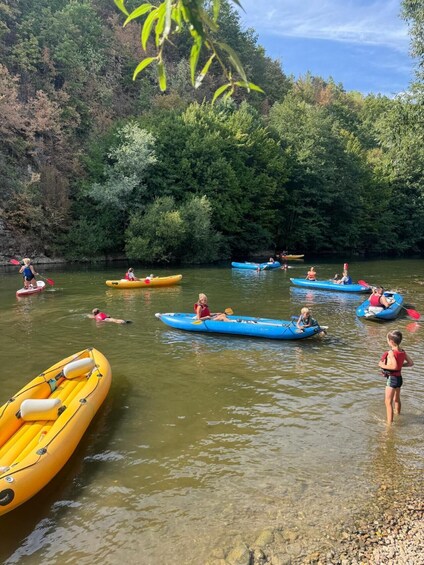 People kayaking on a river surrounded by dense forest. 2