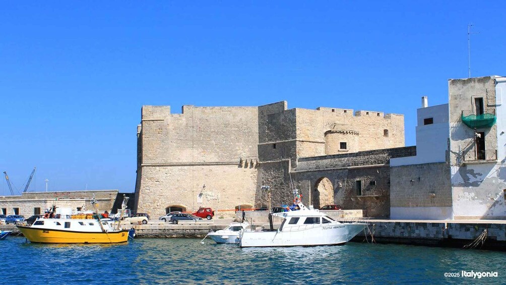 A coastal town with a historic stone fortress, boats docked at the harbor, and a clear blue sky. 5