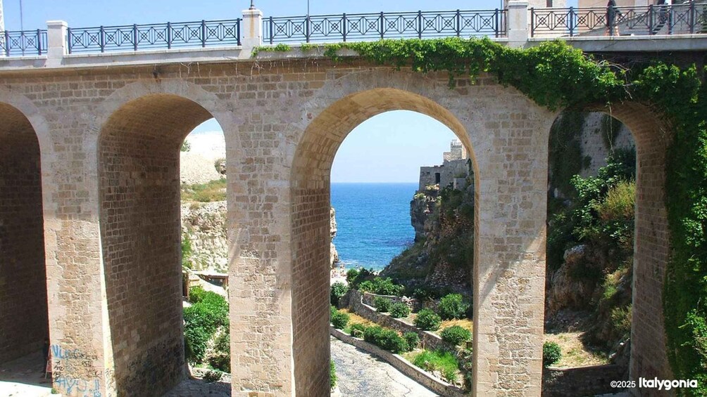 A stone bridge with arches, a coastal landscape, and a clear view of the sea. 2