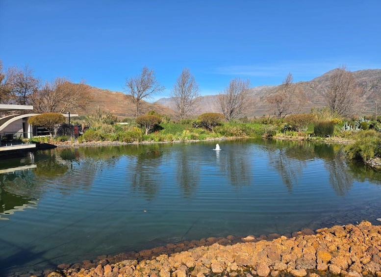 A tranquil pond with a fountain, surrounded by dry hills and sparse trees. 2