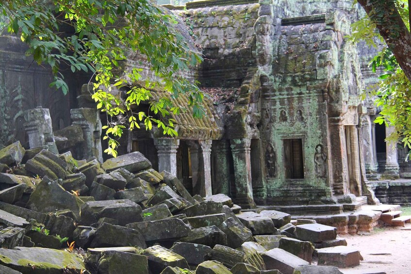 Ancient stone ruins with overgrown vegetation and large fallen stones. 3
