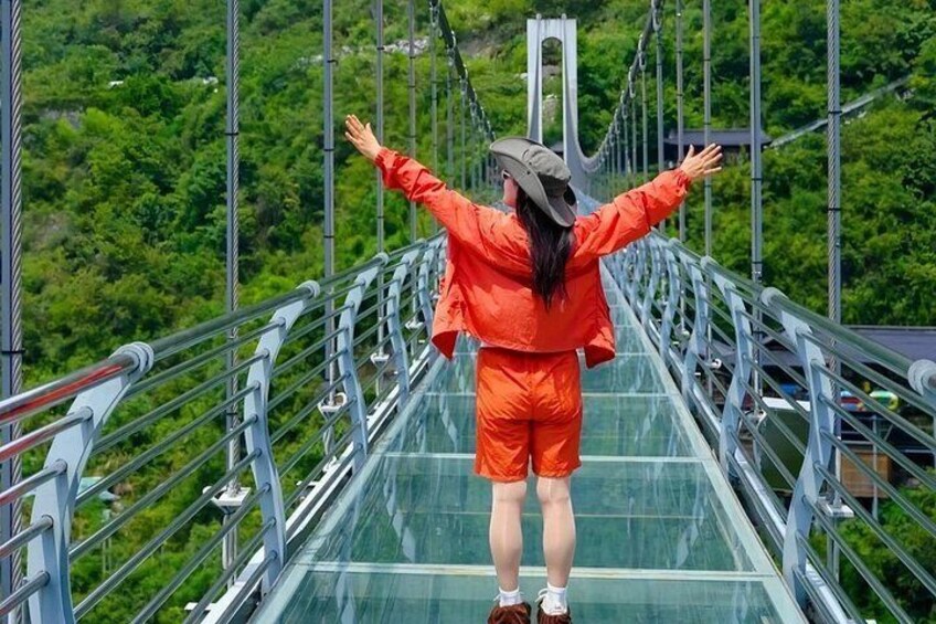 A person standing on a glass bridge with arms outstretched, surrounded by greenery. 3