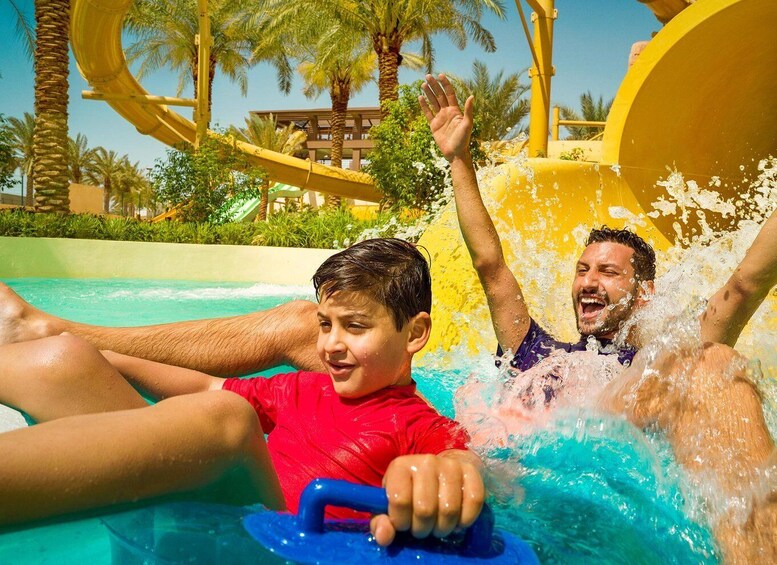A water slide at a theme park with a pool and palm trees. 5