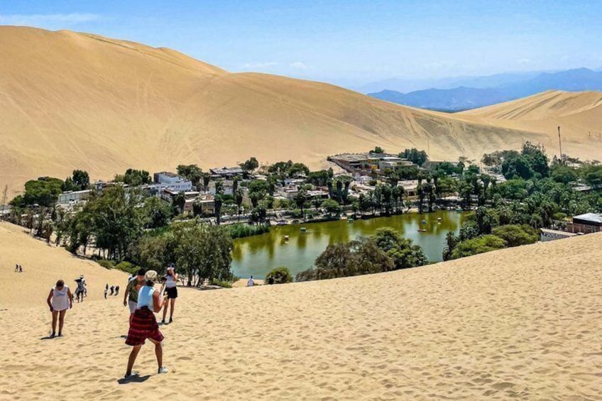 Paisaje desértico con dunas de arena, un pequeño lago y un asentamiento con edificios y árboles. 4