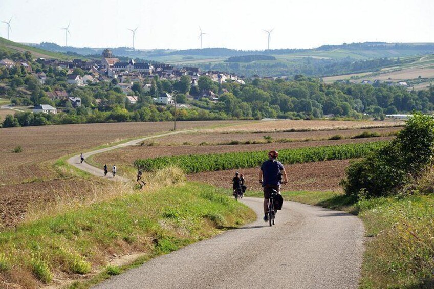 A rural road with cyclists, wind turbines, and fields in the background. 3