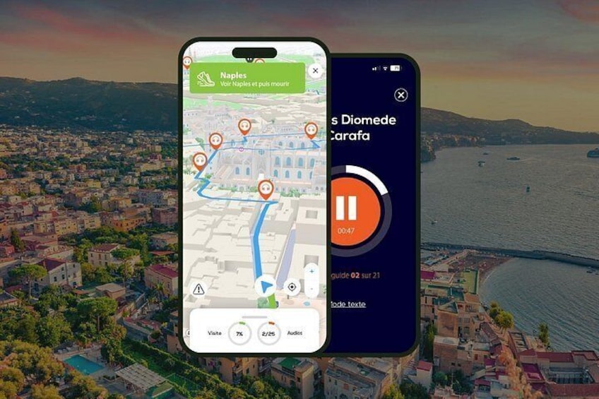 A smartphone displaying a map with a route, a music player with a song titled 's Diomede Carafa,' and a scenic view of a coastal cityscape. 1
