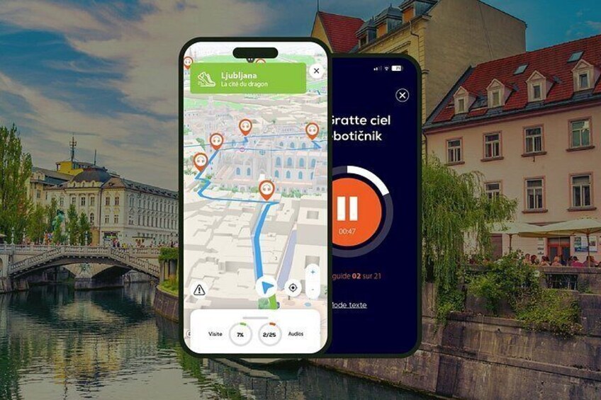 En smartphone som visar en karta med en markör för en viss plats, en uppspelningskontroll och ett vägledningsnummer. 1
