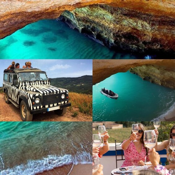 A zebra-striped vehicle on a dirt path, a boat on a turquoise lake, and people toasting with wine glasses. 1
