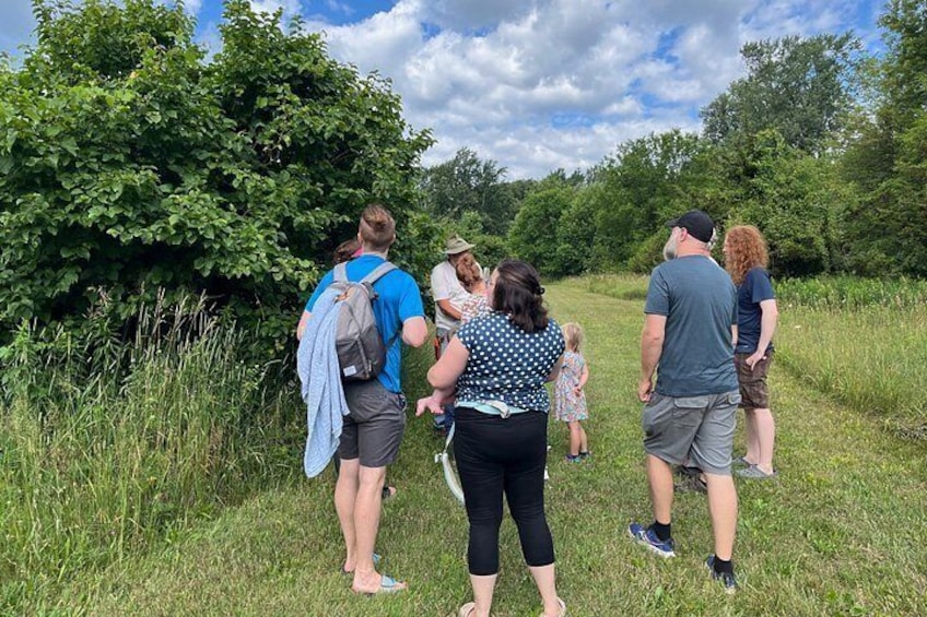 A group of people walking on a grassy path surrounded by trees. 1
