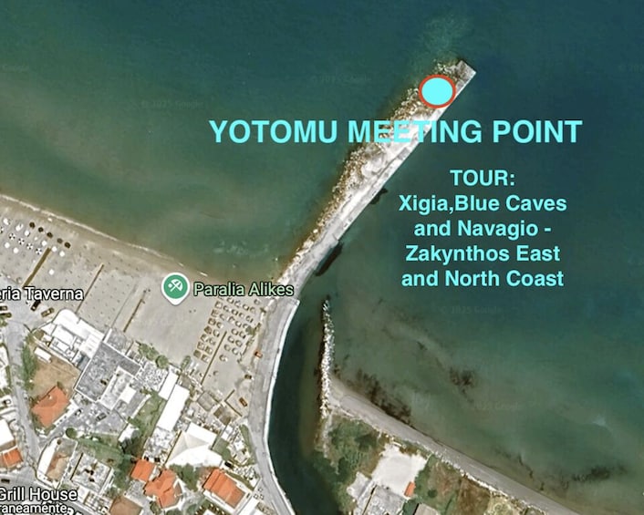 An aerial view of a coastal area with a marked meeting point, a tavern, and a restaurant. 2