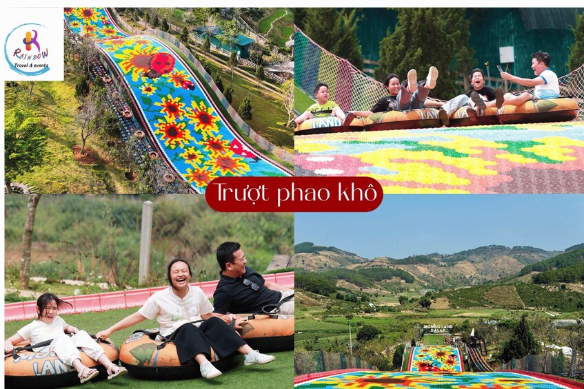 A colorful slide with a floral design, people riding inflatable tubes, and a scenic landscape with hills. 1