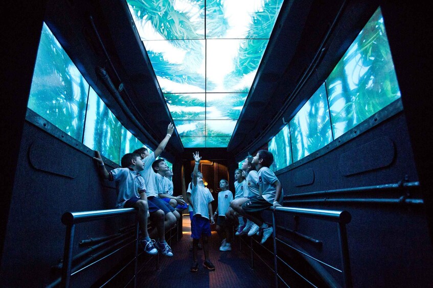A group of people seated inside a train car with large windows displaying a tropical forest scene. 3