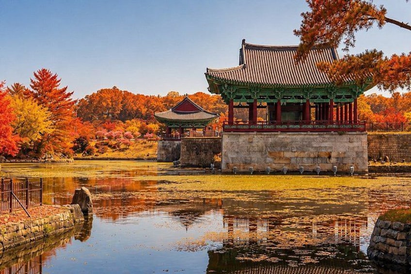 A traditional Korean pavilion by a calm pond with autumn foliage. 4