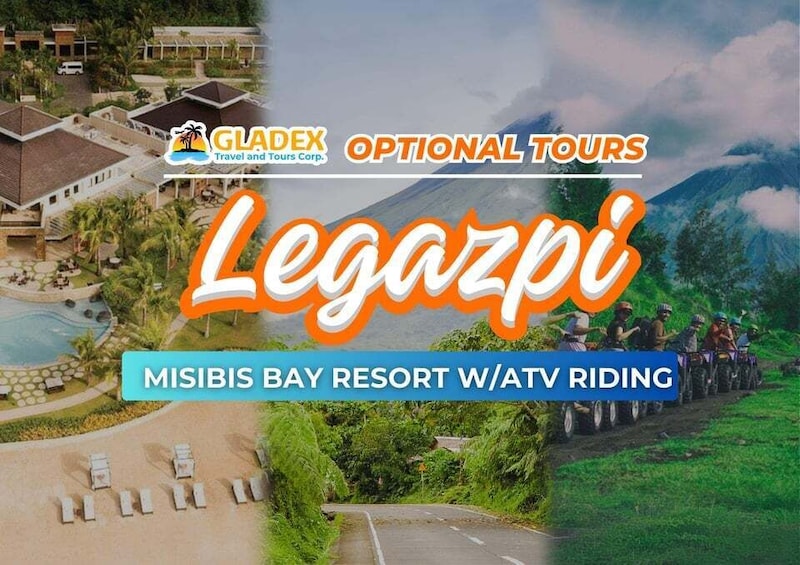 A resort with a pool, a mountain, and a group of ATV riders. 1