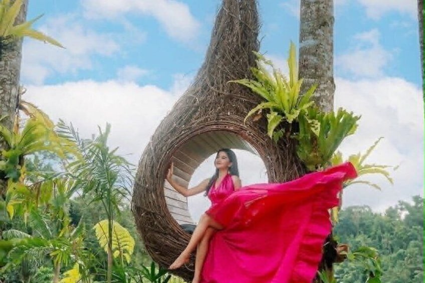 Una persona vestida de rosa sentada en una estructura grande de cestería rodeada de vegetación tropical. 2