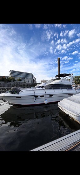 A white yacht docked at a marina with a clear sky and a building in the background. 3