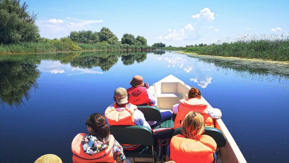 A group of people in a boat on a calm river surrounded by greenery. 2