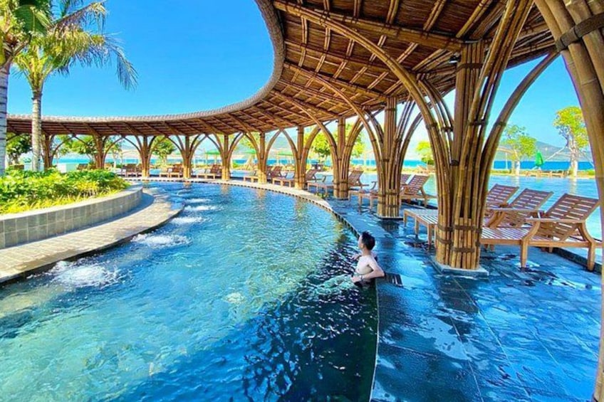 A swimming pool with a curved roof, surrounded by lounge chairs and palm trees. 4