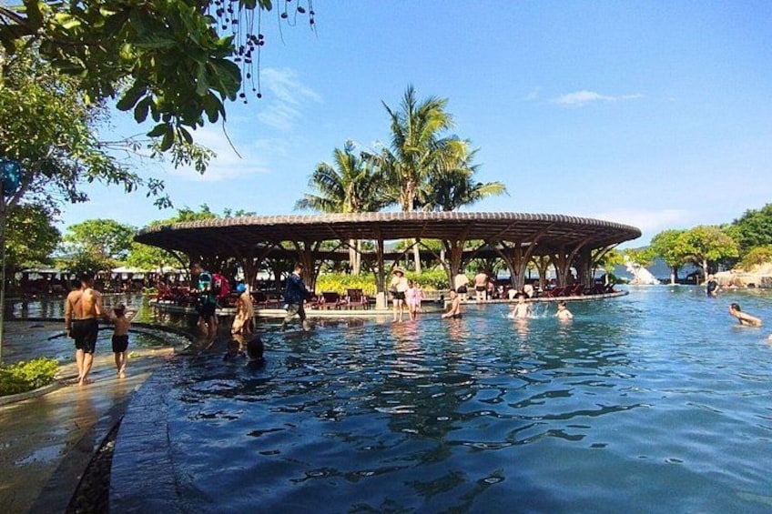 A swimming pool with people, a covered pavilion, and palm trees. 2