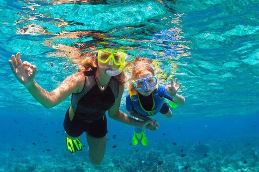 Dos personas haciendo snorkel bajo el agua, con agua cristalina y vida marina. 1