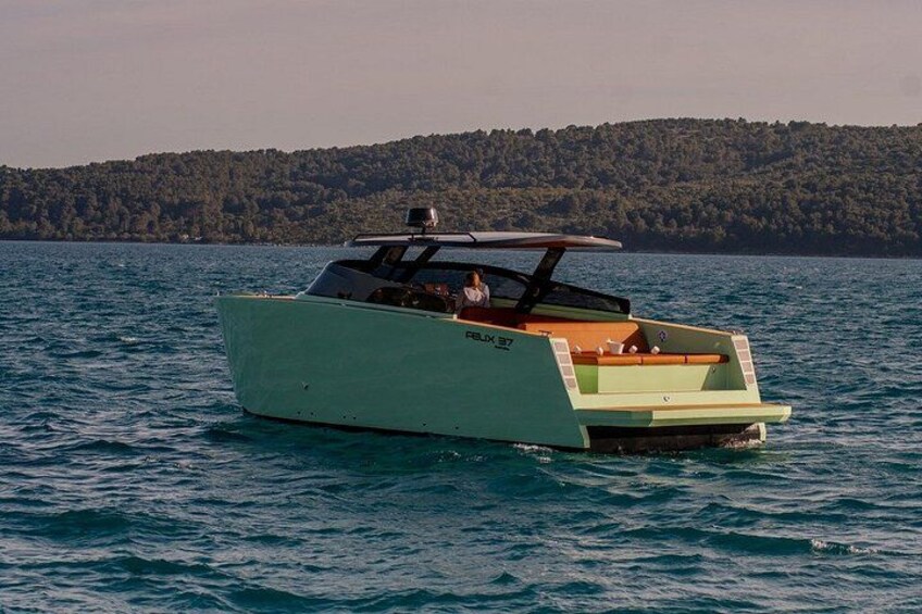 Un barco motor verde llamado 'FELIX 97' en un cuerpo de agua con una orilla boscosa al fondo. 2