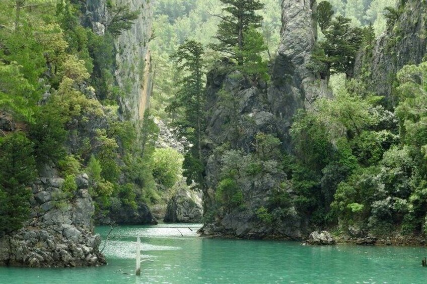 Een turquoise rivier omgeven door dicht bos en rotsachtige kliffen. 3