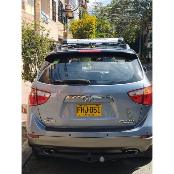 A silver Hyundai SUV with a yellow license plate, rear lights, and a roof rack. 3