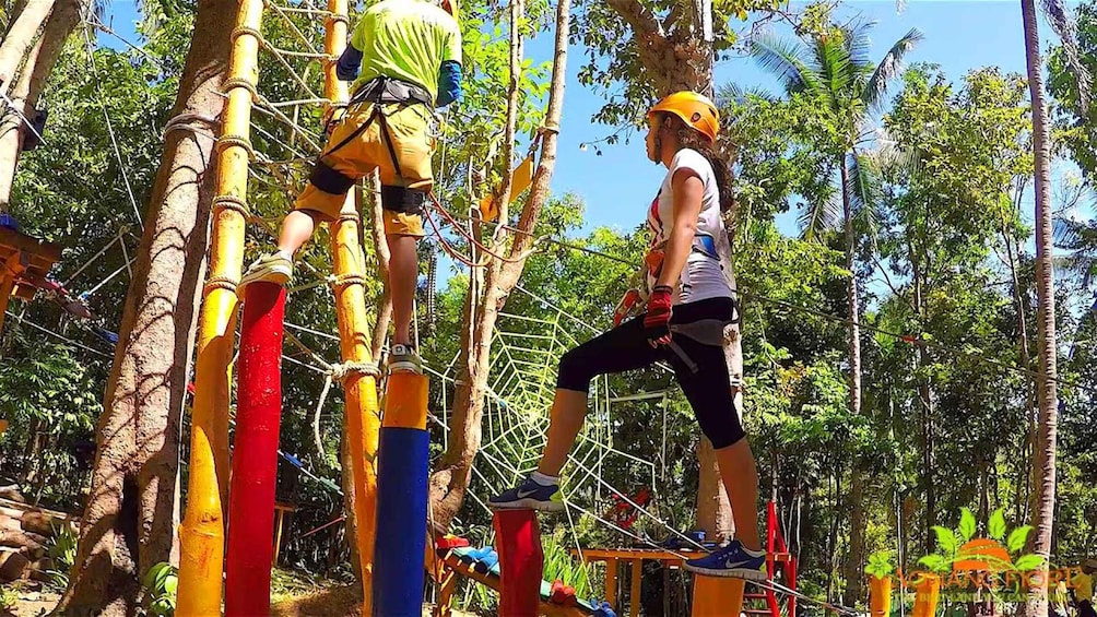 Two people on a rope course in a forest. 3