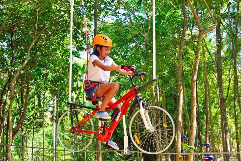 A person riding a red bicycle on a suspended bridge in a forest. 4
