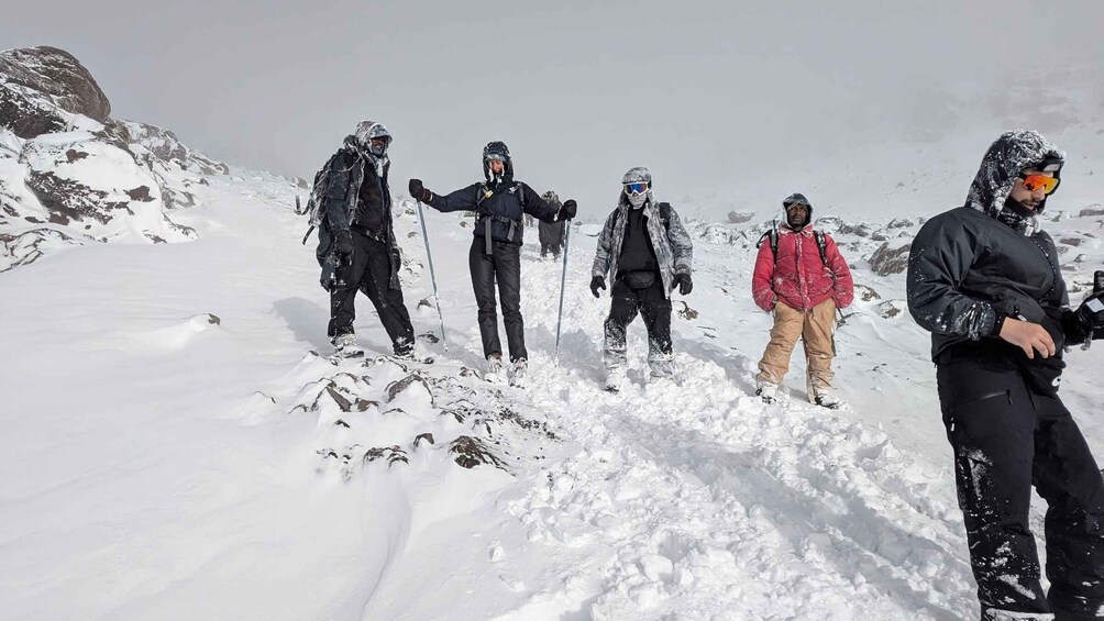 A group of hikers on a snowy mountain trail. 3