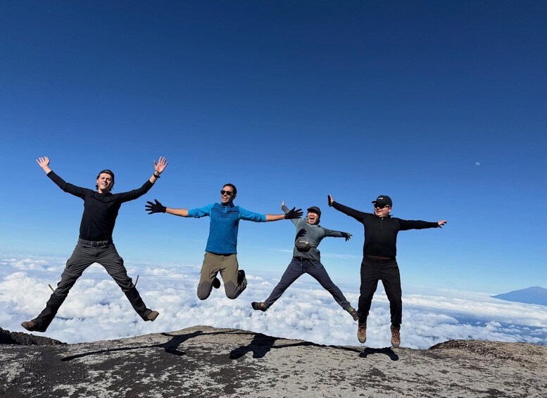 Four people jumping on a mountain peak with a clear sky and clouds below. 1