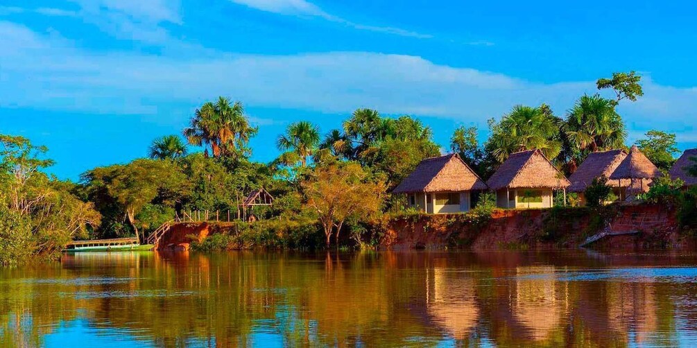 A river with thatched-roof huts and palm trees along the banks. 2