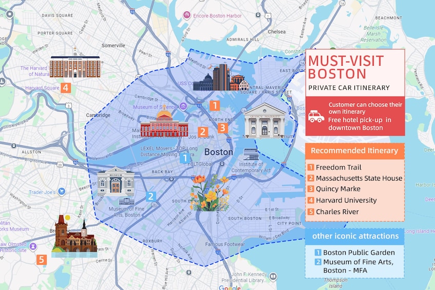 Bostonin kartta, jossa on merkitty tärkeimmät nähtävyydet. 5