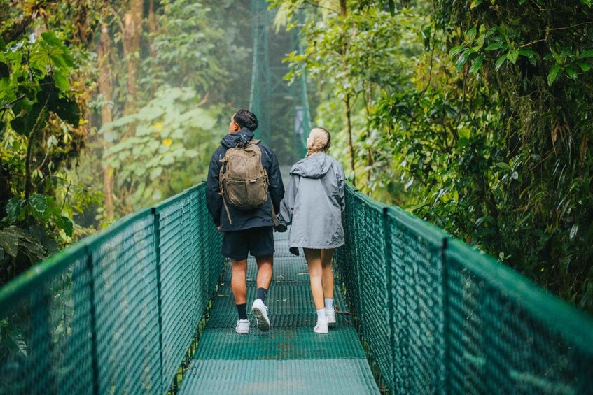 Two people walking on a green bridge surrounded by dense greenery. 1