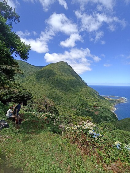 A mountainous landscape with lush greenery and a view of the ocean. 5