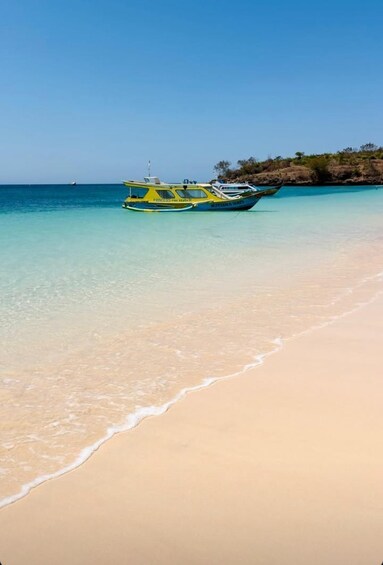 A beach with clear turquoise water, a sandy shore, and a boat named 'Princess of the Sea' anchored near the shore. 5