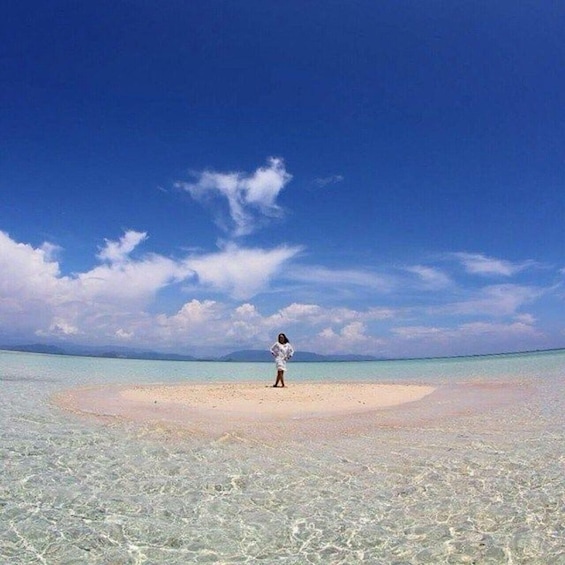 A person standing on a beach with clear turquoise water and a sandy center. 1