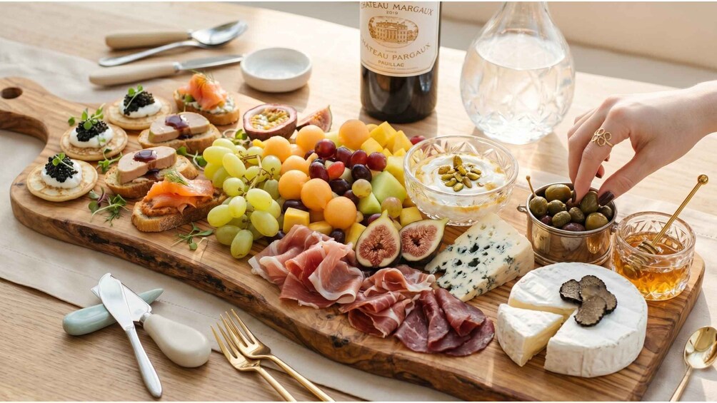 A charcuterie board with various cheeses, meats, fruits, and a bottle of wine. 3