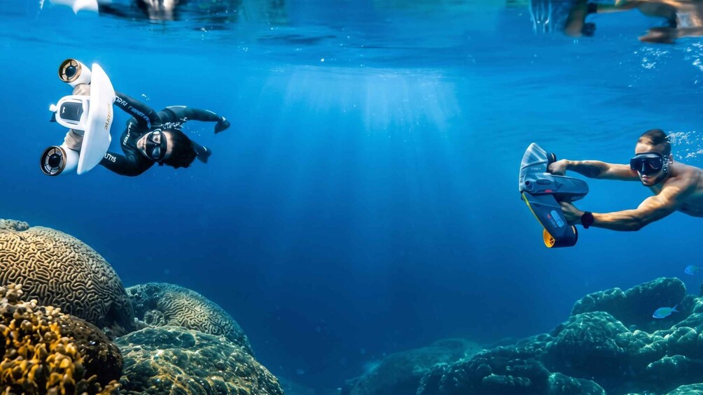 Two divers underwater, one with a camera and the other with a diving mask. 4