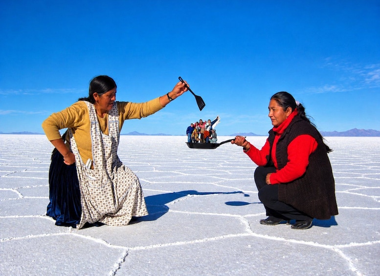 Two women in a vast salt flat landscape, one holding a black object, and a group in a boat in the background. 4