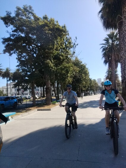 Two cyclists on a tree-lined street with cars and buildings in the background. 2