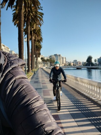 A person riding a bicycle on a bridge with palm trees and buildings in the background. 5