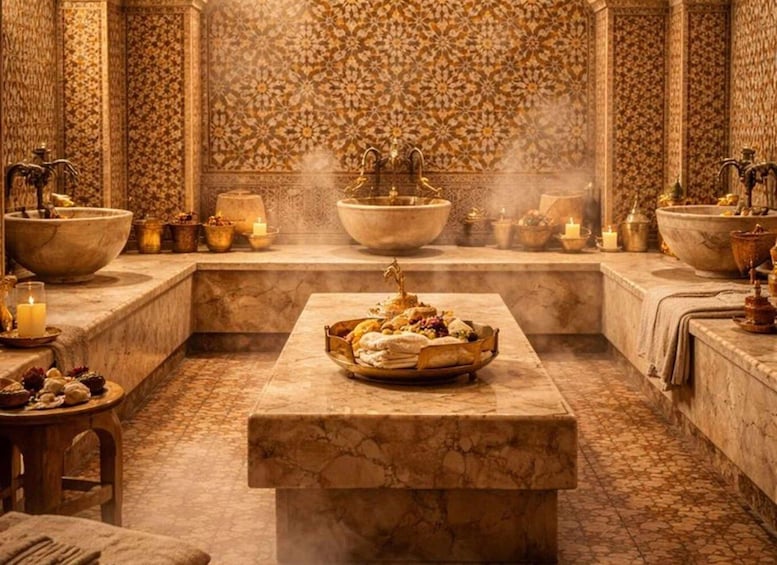 A traditional bath area with stone basins, a central heated stone, and decorative elements. 4